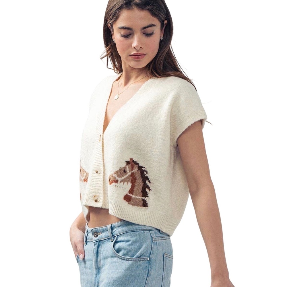 Women Cream Horse Debut Cropped Knit Cardigan Vest Sleeveless Sweater L/XL